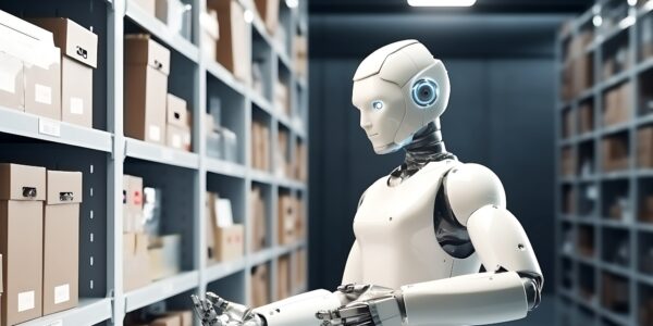 A humanoid robot with a sleek white and black design stands in a warehouse with shelves full of cardboard boxes.