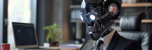 A humanoid robot wearing a business suit seated at an office desk with a laptop, a coffee cup, and a plant in the background.