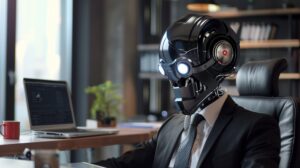 A humanoid robot wearing a business suit seated at an office desk with a laptop, a coffee cup, and a plant in the background.