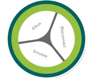 A diagram titled "ESSENTIAL ELEMENTS Biomimicry DesignLens" with three interconnected sections labeled "Ethos," "Reconnect," and "Emulate," surrounded by a green circular border. The bottom of the image includes copyrights and a website, biomimicry.net.