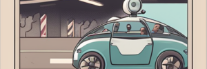 Illustration of a blue and white autonomous car with a rooftop sensor, carrying passengers and driving past buildings with an airplane flying overhead.