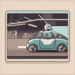 Illustration of a blue and white autonomous car with a rooftop sensor, carrying passengers and driving past buildings with an airplane flying overhead.