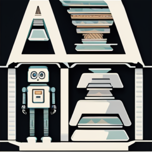 Alt text: A stylized illustration of a robot in a space with geometric shapes and a variety of stacked books. The color palette is primarily composed of dark and muted tones with a retro-futuristic vibe.