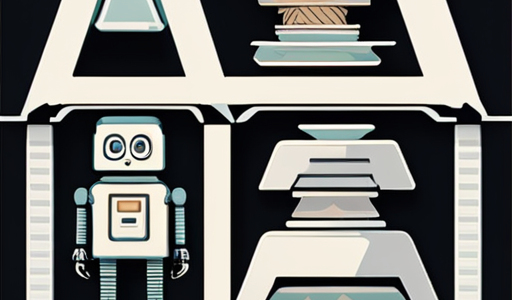 Alt text: A stylized illustration of a robot in a space with geometric shapes and a variety of stacked books. The color palette is primarily composed of dark and muted tones with a retro-futuristic vibe.