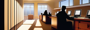 Office room during sunset with long shadows, featuring silhouettes of individuals working at computers and sunlight streaming in from skylight windows.