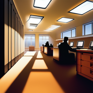 Office room during sunset with long shadows, featuring silhouettes of individuals working at computers and sunlight streaming in from skylight windows.