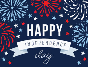 A graphic image with a dark blue background featuring stylized fireworks in blue, white, and red. In the foreground, large white letters read "HAPPY" and below, on a white ribbon banner, the words "INDEPENDENCE day" are written in dark blue. Scattered around the text are small white, blue, and red stars.