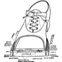 A black and white line drawing of a cross-sectional view of a laced shoe, showing its various components labeled, including the upper, lining, insole, outsole, welt, and different stitches that join these parts.