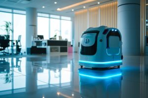 A futuristic autonomous robot with blue accent lighting is positioned in a modern office lobby with reflective flooring; office furniture and large windows are visible in the background.