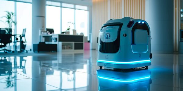 A futuristic autonomous robot with blue accent lighting is positioned in a modern office lobby with reflective flooring; office furniture and large windows are visible in the background.