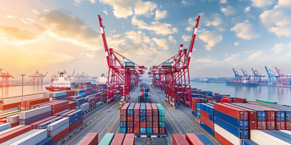 A bustling commercial shipping port with rows of colorful stacked containers, large red cranes, and container ships under a partly cloudy sky at sunset.