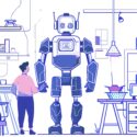 Illustration of a person in a laboratory setting standing near a large humanoid robot, with lab equipment and furniture in a monochromatic blue and purple color scheme.