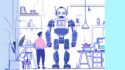 Illustration of a person in a laboratory setting standing near a large humanoid robot, with lab equipment and furniture in a monochromatic blue and purple color scheme.