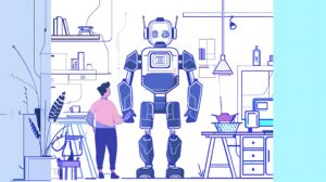 Illustration of a person in a laboratory setting standing near a large humanoid robot, with lab equipment and furniture in a monochromatic blue and purple color scheme.