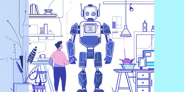 Illustration of a person in a laboratory setting standing near a large humanoid robot, with lab equipment and furniture in a monochromatic blue and purple color scheme.