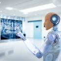 A humanoid robot examining a dental X-ray image in a modern medical office setting.