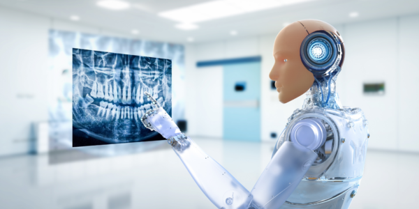 A humanoid robot examining a dental X-ray image in a modern medical office setting.